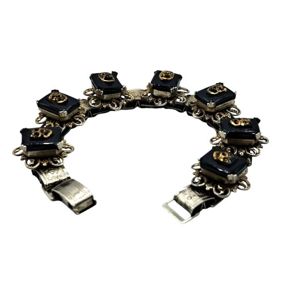 Vintage Comedy Tragedy Bookchain Bracelet Black Tile Link Gold Tone Masks Costum - Picture 3 of 6